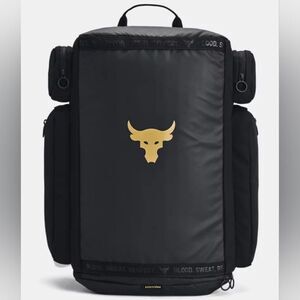 UA Under Armour Project Rock Duffle Backpack Bag Black Gold Gym New 1376459-002